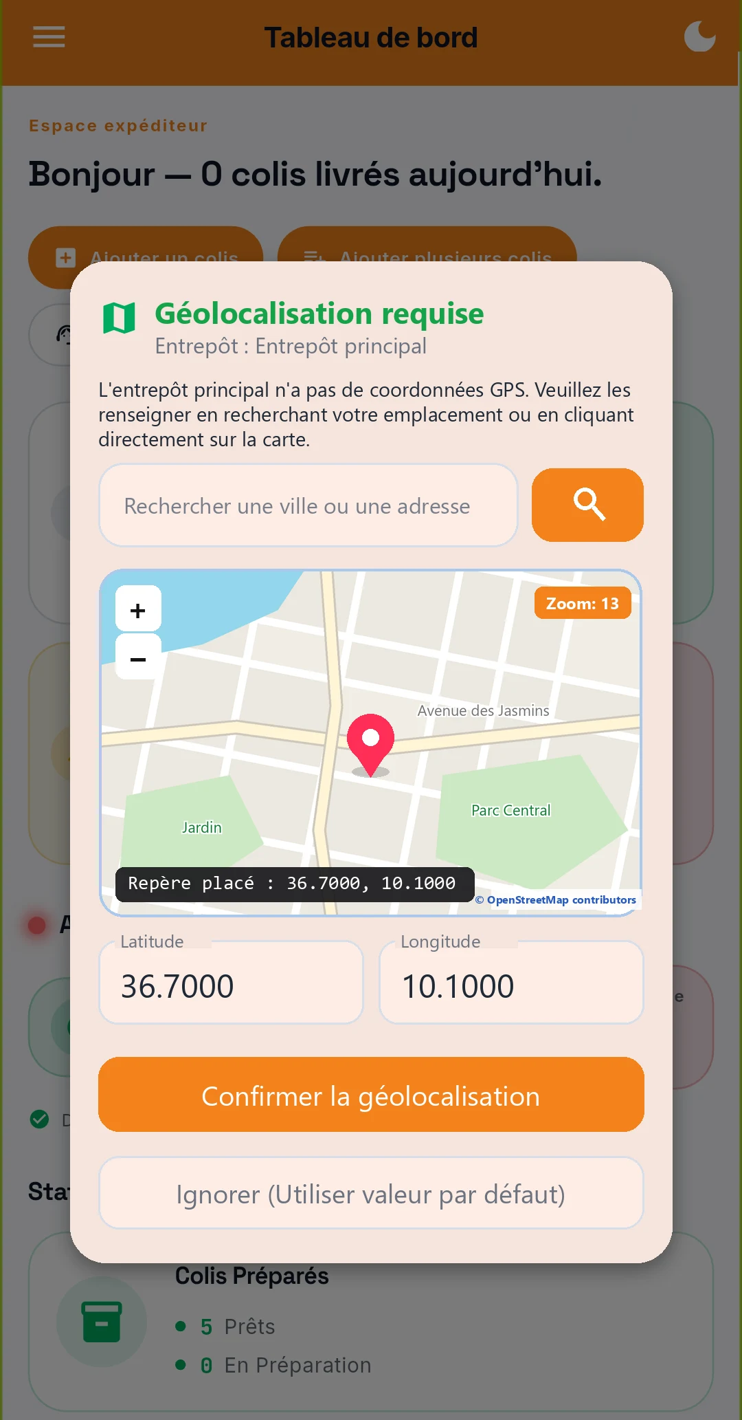 Application LinX MAPP côté expéditeur : géolocalisation de l'entrepôt sur la carte