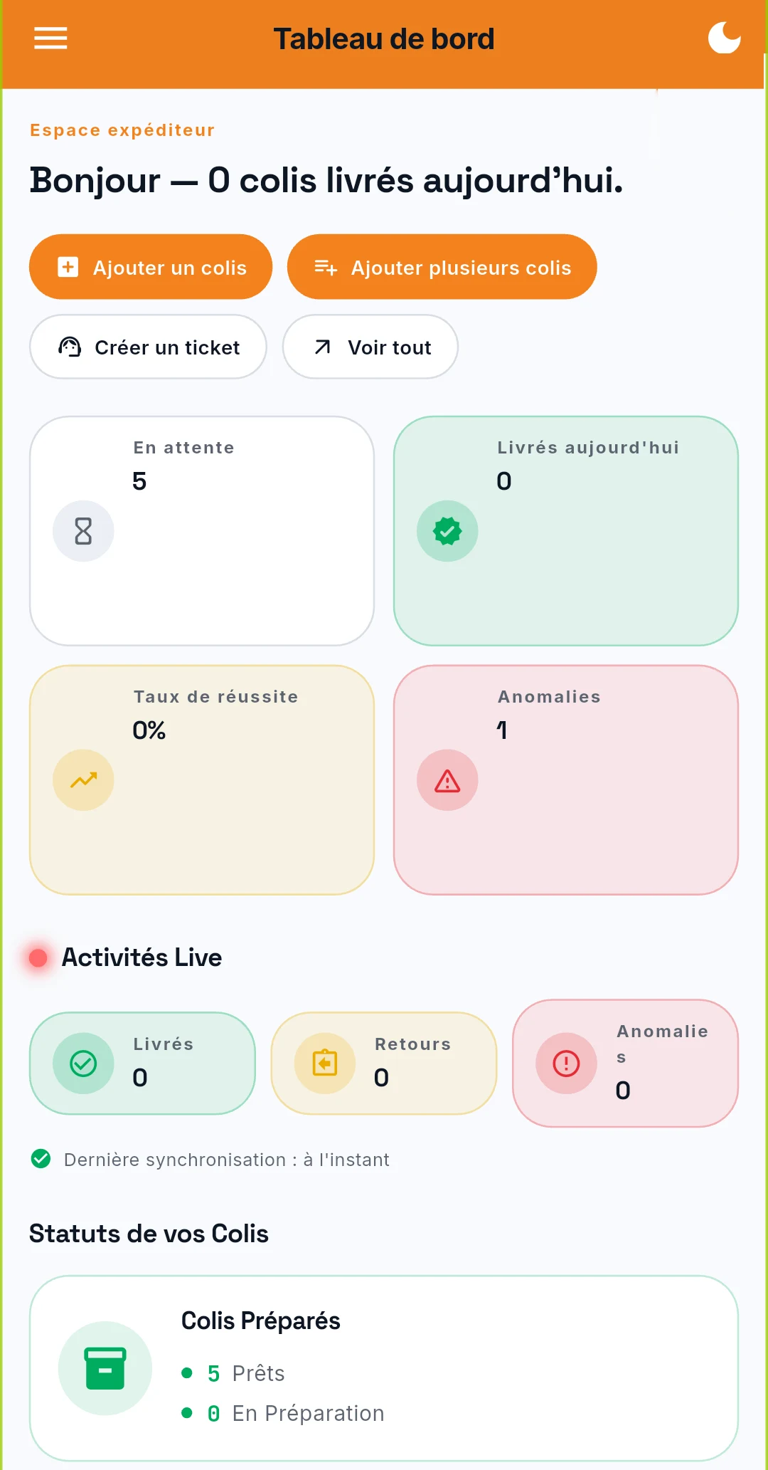 Application LinX MAPP côté expéditeur : tableau de bord avec colis en attente, livrés, taux de réussite, anomalies et Activités Live