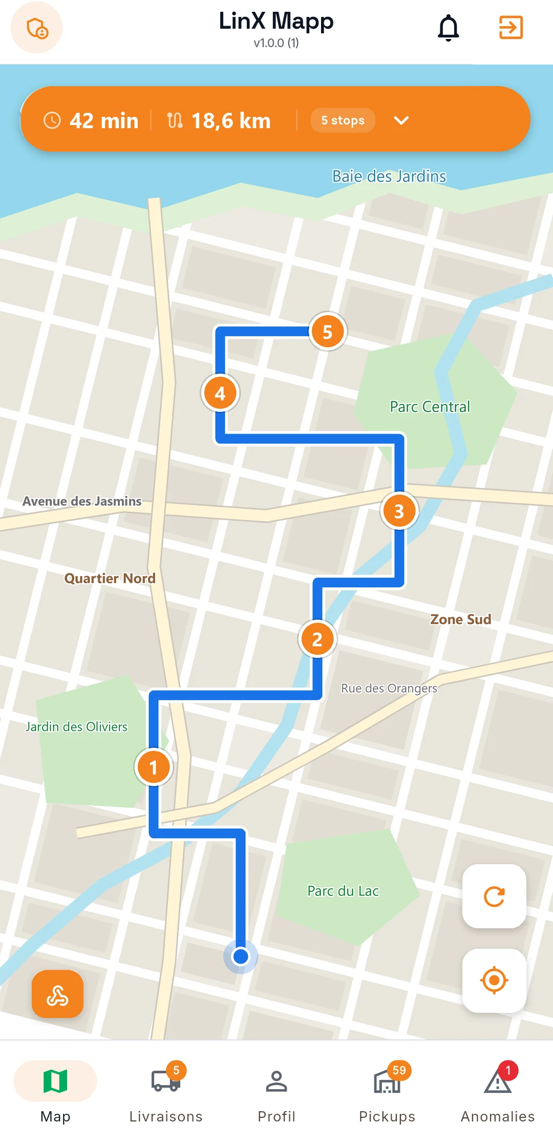 Application LinX MAPP côté livreur : carte GPS avec itinéraire de la tournée, temps estimé, distance et nombre d'arrêts
