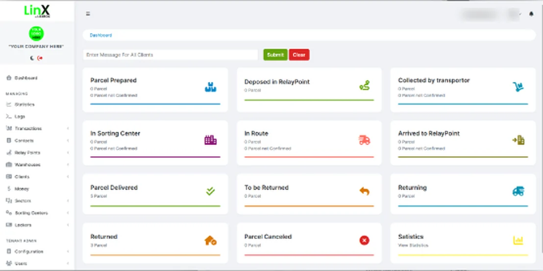 LinX v2 screenshot: administrator dashboard by parcel status