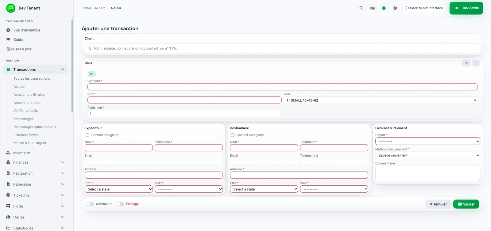 LinX v3 screenshot: form for adding a parcel