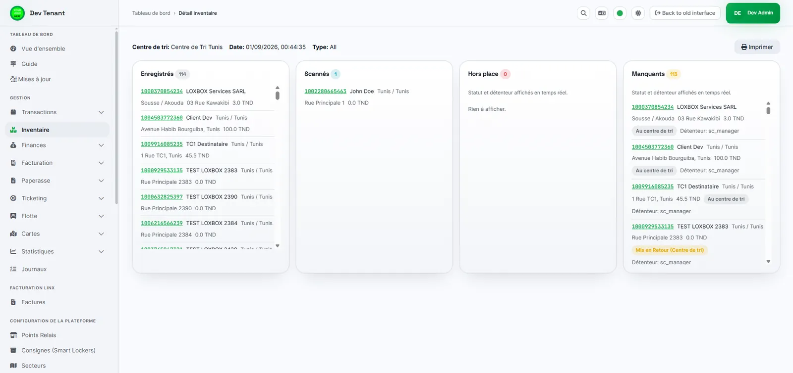 LinX v3 screenshot: sorting centre inventory