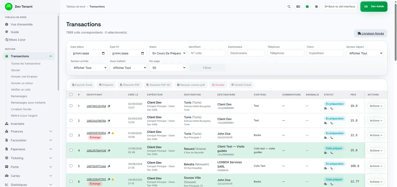LinX v3 screenshot: list of transactions with filters